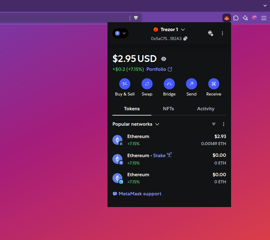 Trezor wallet visible in MetaMask extension with Ethereum token balance