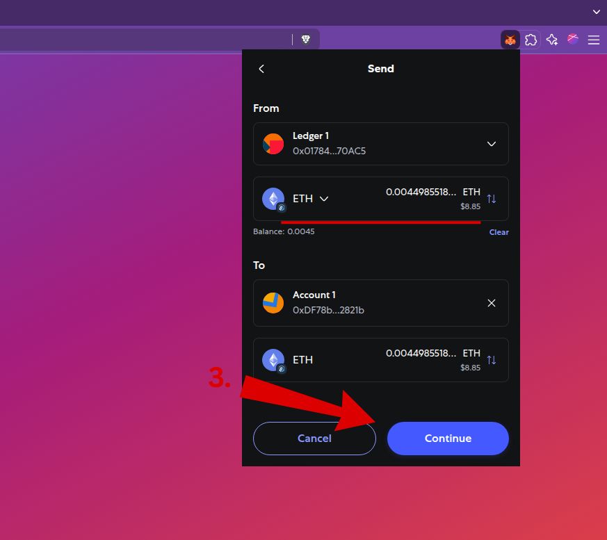 Choose the token and amount to send. Confirm the details, then click Continue.