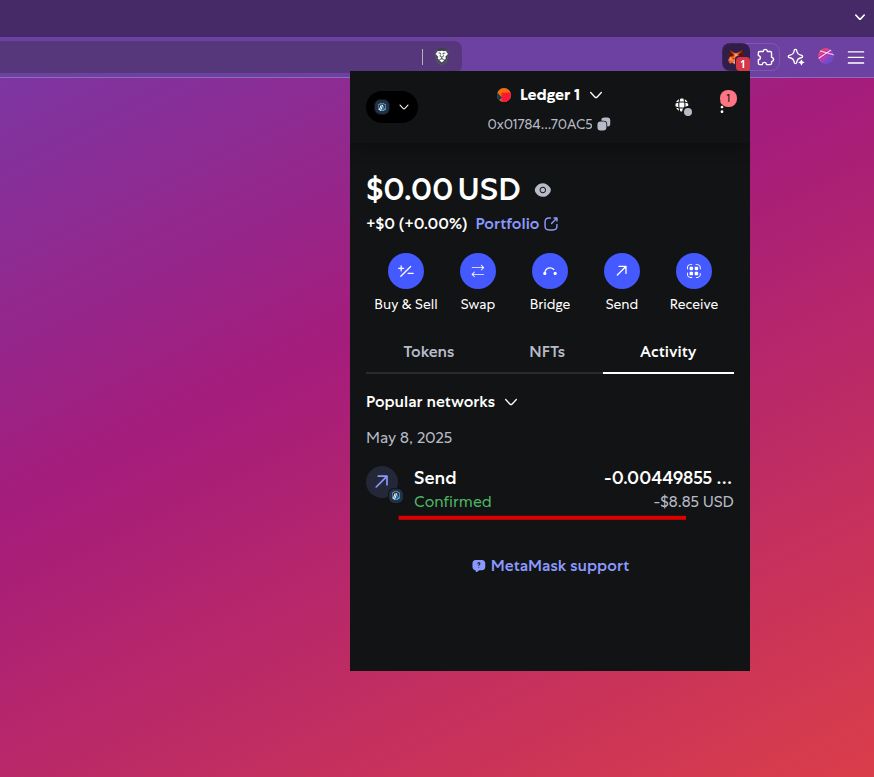 After confirmation, you’ll see the transaction listed as Confirmed in the Activity tab.