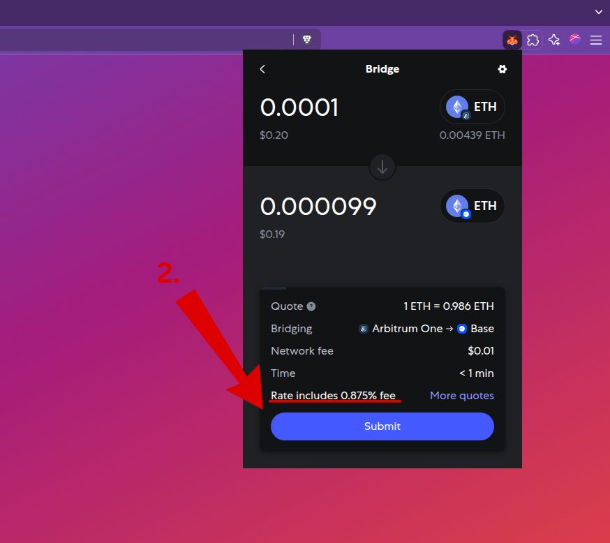 You’ll see the quoted rate, network fees, and estimated time. MetaMask includes a 0.875% fee in the rate.