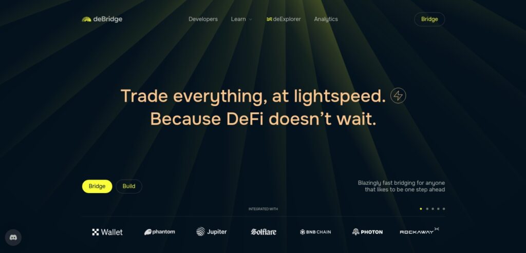 deBridge homepage showing branding and tagline “Trade everything, at lightspeed.”