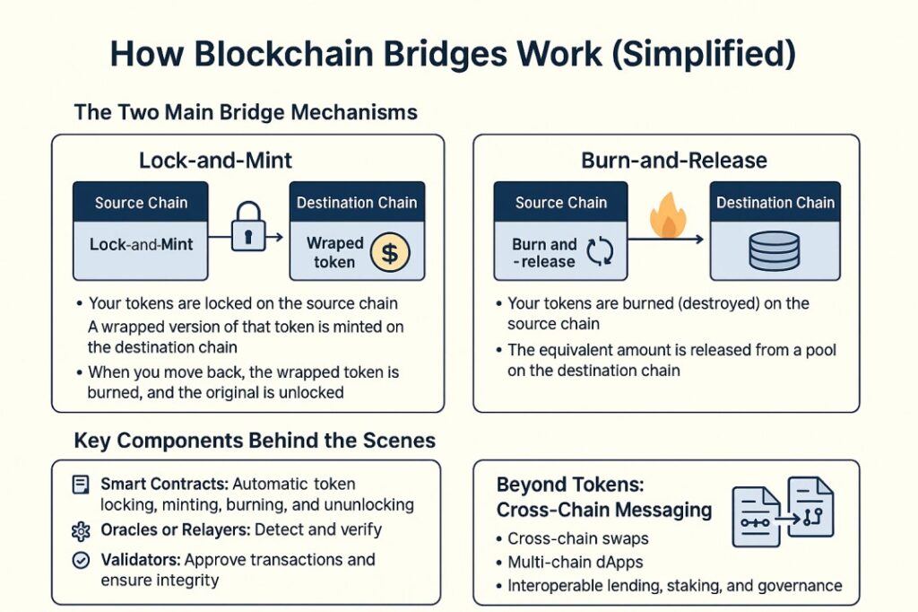 Visual guide to how blockchain bridges work, showing lock-and-mint and burn-and-release models.