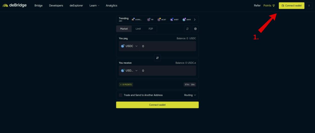 Step 1: Connect your wallet by clicking the button at the top right of the deBridge interface.