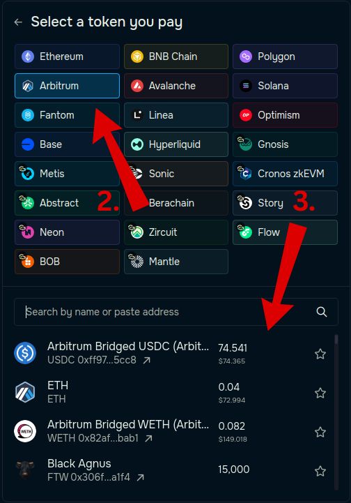 Step 2–3: Select your source network (e.g., Arbitrum) and the token you want to bridge (e.g., USDC).