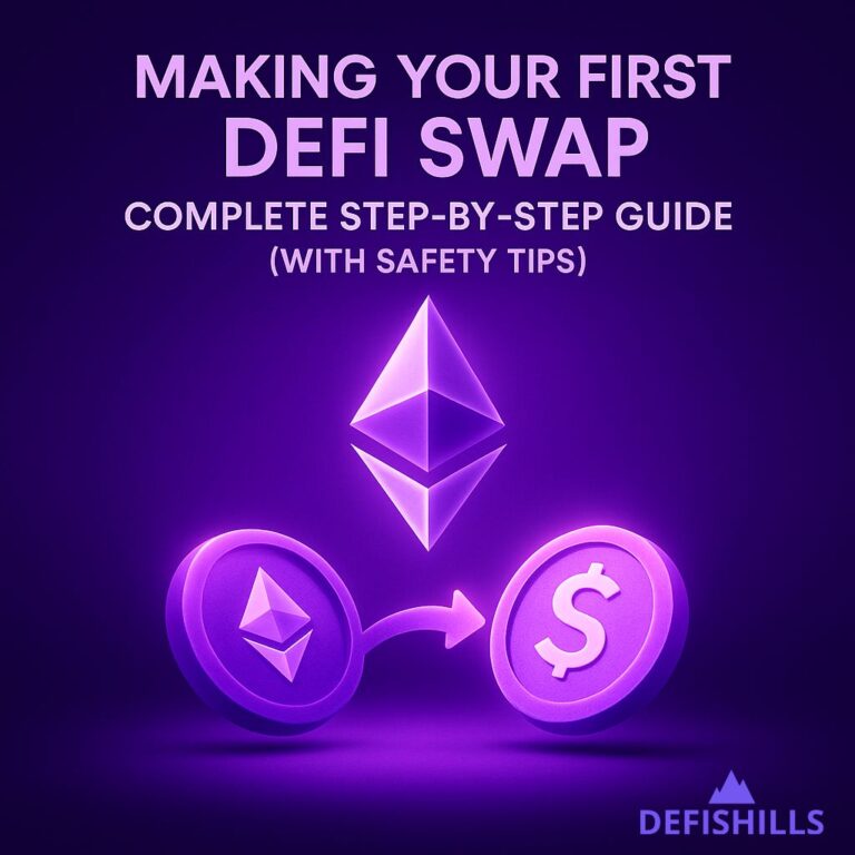 Featured image for DeFiShills article 'Making Your First DeFi Swap', showing a purple-themed digital dashboard with a user interacting with a futuristic swap interface.