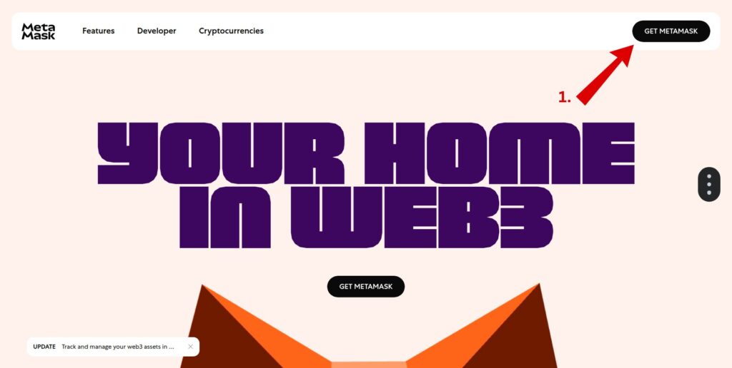 MetaMask homepage with 'Get MetaMask' button highlighted for installation.