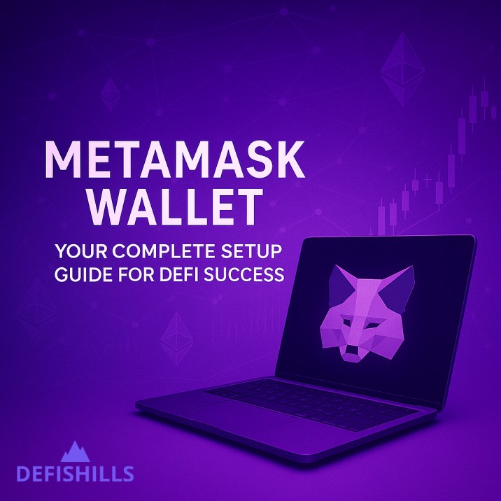 MetaMask Wallet setup guide promotional graphic featuring a purple background, MetaMask fox logo on a laptop screen, and bold headline text promoting a DeFi setup tutorial by DeFiShills.