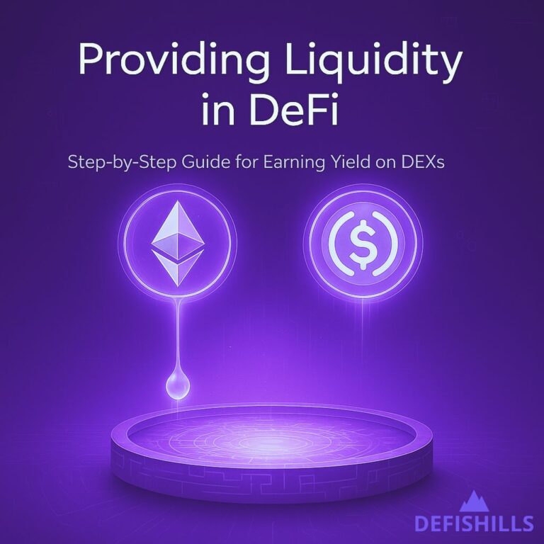 Futuristic purple-themed illustration showing Ethereum and USDC symbols above a glowing smart contract pool, visually representing how to provide liquidity in DeFi. The image includes the title 'Providing Liquidity in DeFi' and the DeFiShills logo in the bottom corner.