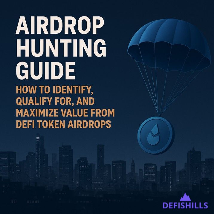 Cover image for the DeFi Airdrop Hunting Guide, illustrating a parachute dropping tokens against a dark city skyline, symbolizing token distribution opportunities.