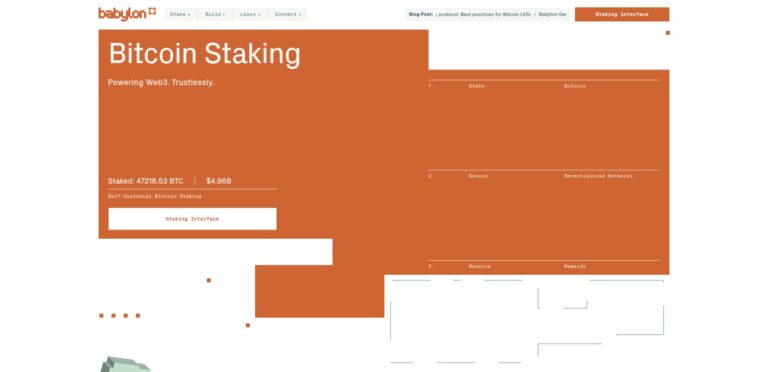 Babylon homepage showcasing decentralized Bitcoin staking with $4.96B in BTC staked and a simple orange-toned interface promoting trustless, self-custodial staking.