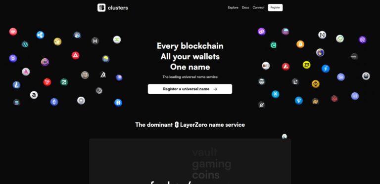 Clusters homepage highlighting its role as the leading LayerZero name service, with universal blockchain icons orbiting the phrase “Every blockchain, all your wallets, one name.”