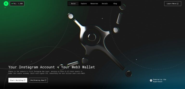 Cygnus landing page presenting itself as the Instagram App Layer for Web3, featuring futuristic design elements and a call to (Re)Stake and build on the Superchain.