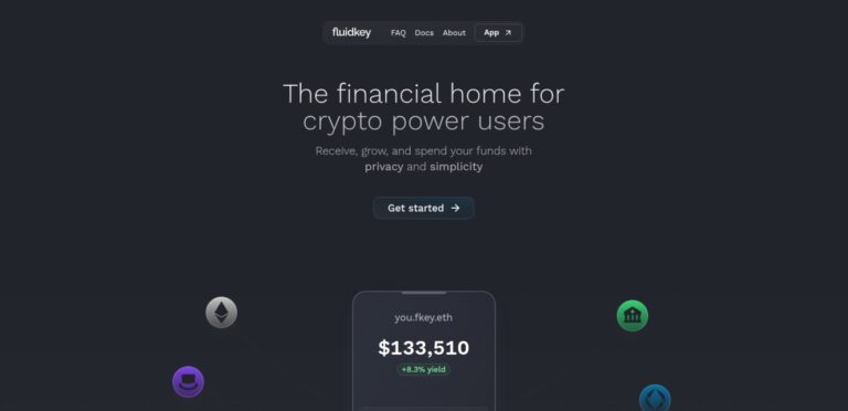 Fluidkey homepage describing itself as the financial home for crypto power users, with a privacy-first wallet interface showing yield metrics and user identity.