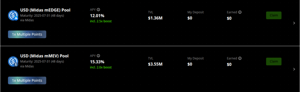 Yield pools on Pendle Finance for Midas mEDGE and mMEV, showing APYs and TVL available for stablecoin-based DeFi farming positions.