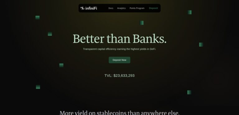 InfiniFi landing page with dark gradient background and bold claim “Better than Banks,” emphasizing transparent capital efficiency and high DeFi yields.