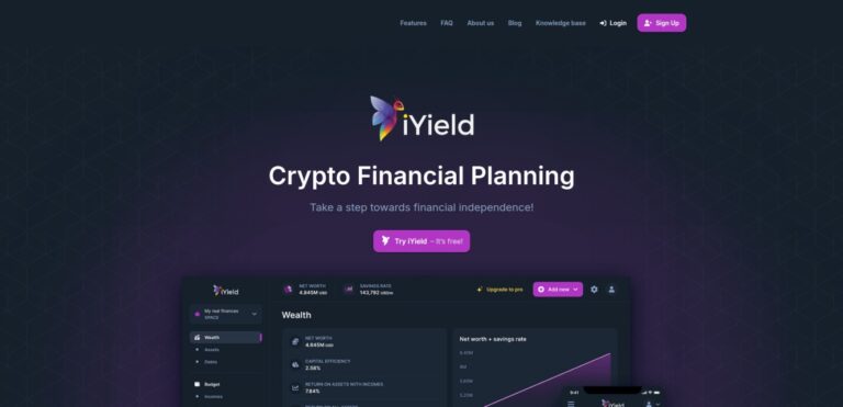 iYield homepage promoting crypto financial planning tools with a dashboard interface, savings metrics, and purple-themed branding focused on wealth and budgeting.