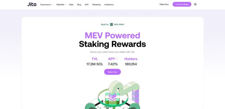 Jito landing page with Solana branding, showcasing MEV-powered staking rewards with 7.42% APY and over 17.2M SOL staked, encouraging users to stake for boosted yield.