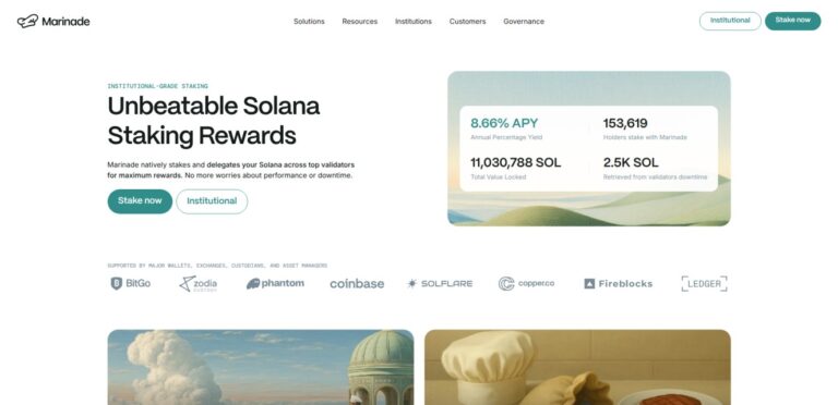 Marinade Finance dashboard showing staking stats for SOL, including APY and total SOL staked.