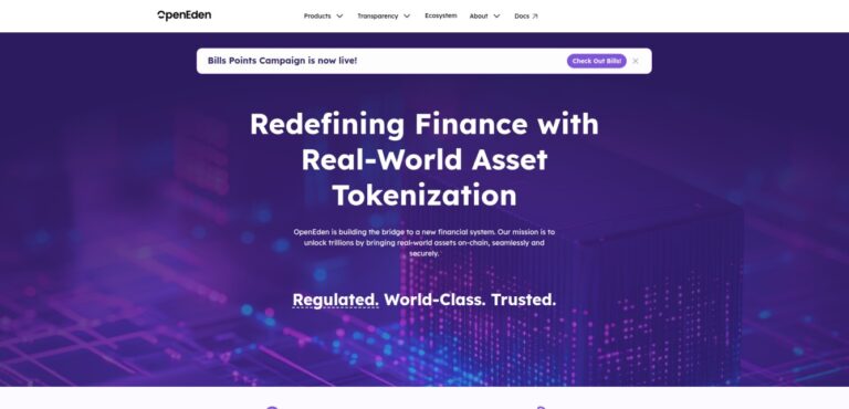 OpenEden homepage promoting real-world asset tokenization with a purple-themed layout and slogan.