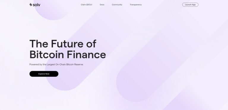 Solv homepage focused on Bitcoin finance, featuring a minimalistic purple gradient background.