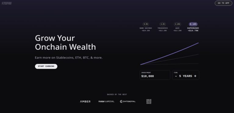 Superform landing page displaying onchain yield growth across stablecoins, ETH, and BTC.