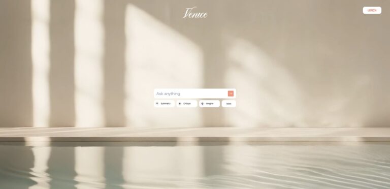 A minimalist search engine webpage with a soft beige background, reflected light patterns, a water surface at the bottom, and a centered search bar labeled "Venice.