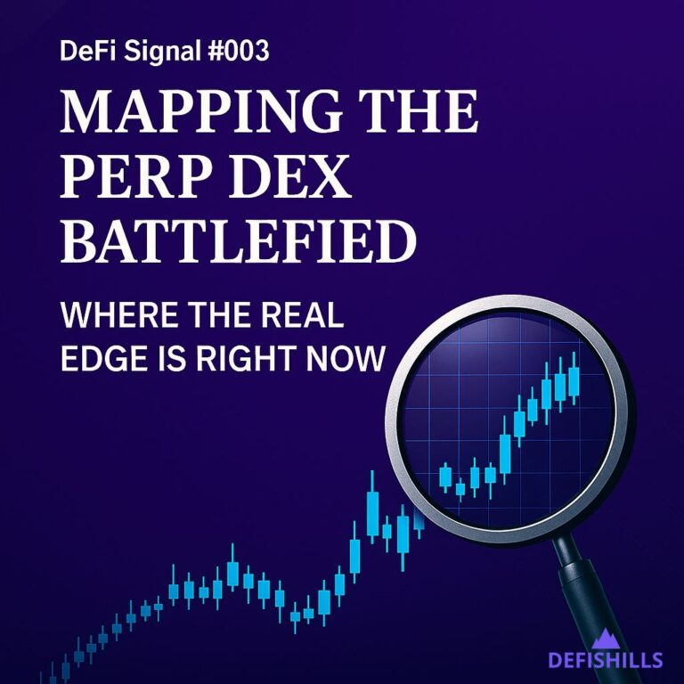 Newsletter cover for DeFi Signal #003 titled 'Mapping the Perp DEX Battlefield – Where the Real Edge Is Right Now.' The design features a rising candlestick chart under a magnifying glass on a purple background, with bold white text and a subtle DeFiShills logo at the bottom.