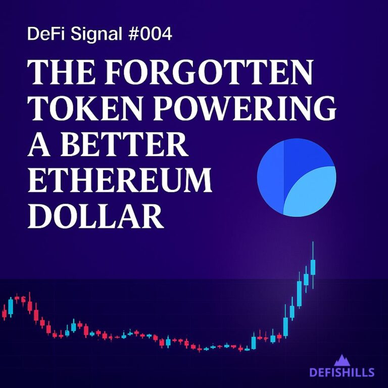 Stylized purple graphic for DeFi Signal #004 featuring a candlestick chart breaking out of a multi-year accumulation zone, with the LQTY token logo rising at the top. Text reads: ‘The Forgotten Token Powering Ethereum’s Most Pure Stablecoin.