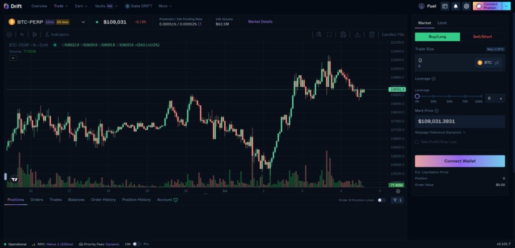 Drift Protocol on Solana with BTC-PERP trading chart and real-time funding data – decentralized perps platform for Solana natives