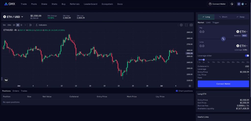 GMX V2 platform showing ETH/USD perpetuals trading screen with leverage slider – trusted DeFi perpetual DEX